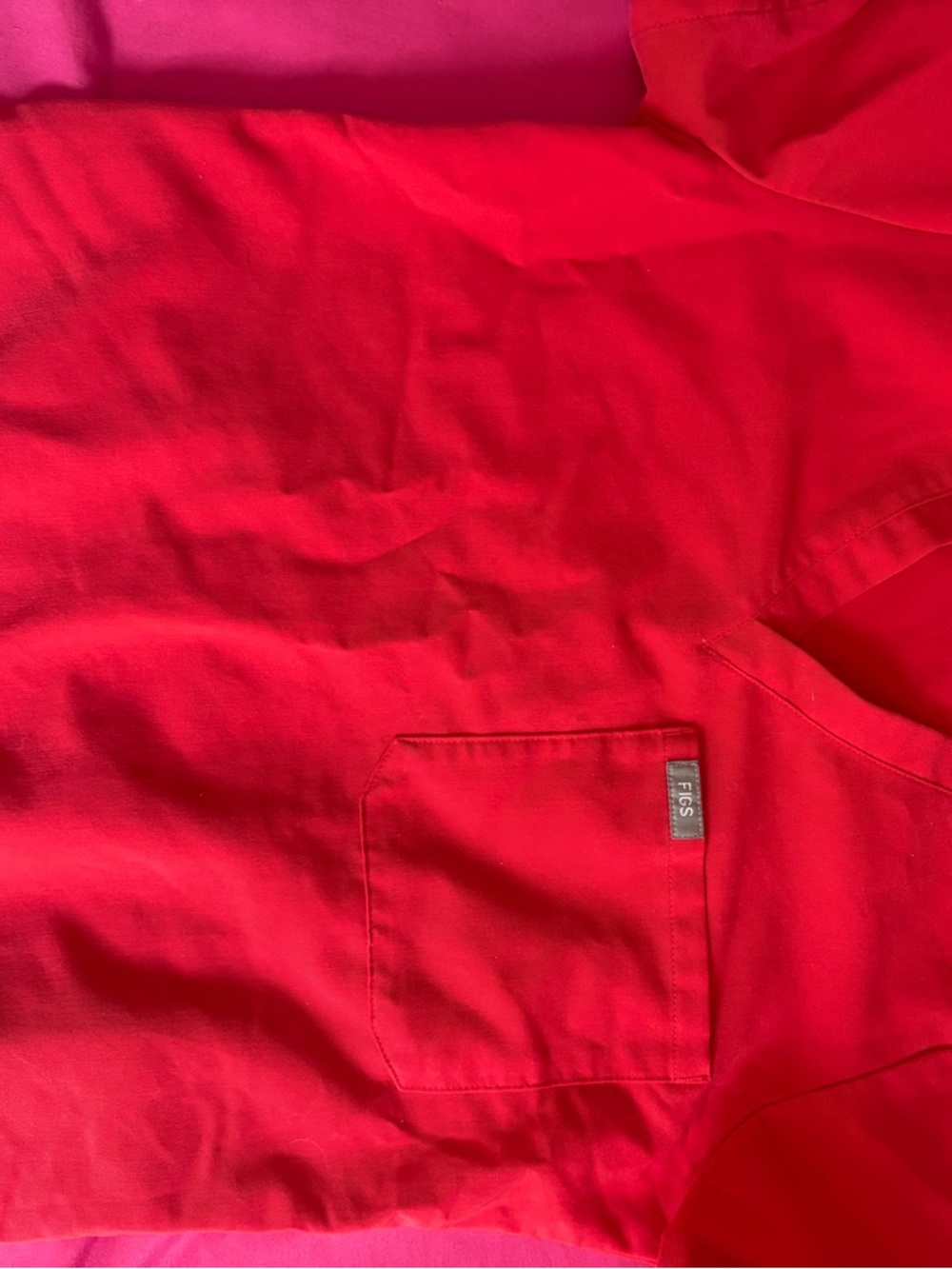 Figs Women’s Red Short Sleeve Top with Chest Pocket and Bottoms